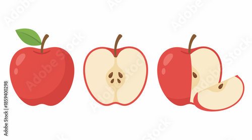 Red Apple Vector Set Showing Whole, Halved, and Sliced Fruit with Leaf for Educational, Healthy Eating, and Food Preparation Graphic Illustration Use
