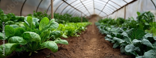 A greenhouse filled with plants including lettuce and spinach