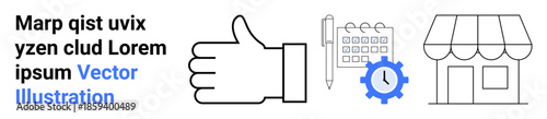 Business planning, productivity, entrepreneurship, time management, workflow, retail services. Thumbs-up symbol, calendar gear storefront icon in simple style. Business planning and productivity