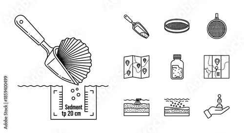 Illustrative collection of tools and processes related to sediment and soil analysis