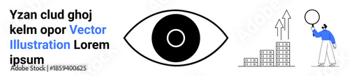 Eye representing vision beside arrows and buildings signifying growth, success, perspective. Ideal for strategy, vision, planning, development, foresight, leadership simple landing page