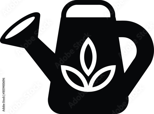 Black Watering Can Silhouette Icon with Leaf Detail for Gardening and Plant Care