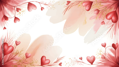 Valentine's Day background with watercolor red hearts and floral elements, Romantic pink heart frame with gold glitter and soft abstract textures, Elegant watercolor hearts and botanical branches bord