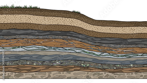 Illustration of geological deposits in a layered earth formation with varying textures and colors