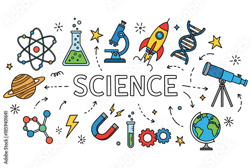 Colorful science design featuring laboratory equipment and cosmic elements