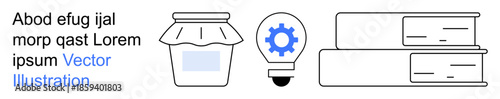Product packaging, education, creativity, innovation, problem-solving, digital marketing. A jar, gear-themed lightbulb and stacked books. Product packaging and creativity ideas concept