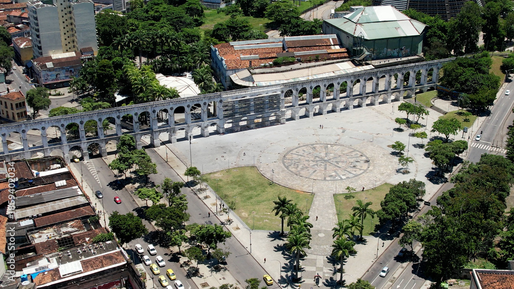 Fototapeta premium Lapa Arches In Rio De Janeiro Brazil. Aerial Landscape Of Famous Statue In A Natural Scenery. Metropolitan Landscape Commercial Building Amazing. Commercial Building. Rio de Janeiro Brazil.