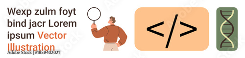 Science, technology, programming, genetics, research, problem-solving. Illustration of a person examining data, a coding symbol and a DNA strand. Genetics and programming illustration concept