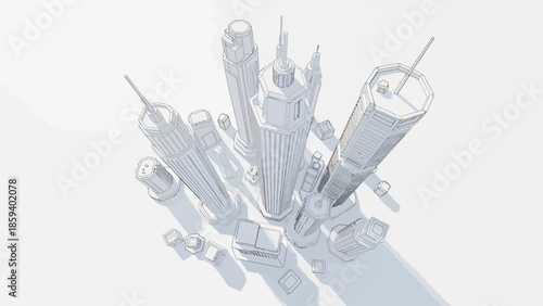High-angle view of a futuristic city skyline with sleek skyscrapers and geological deposits on a white background