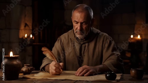 AI genereted video of Apostle Paul writing the Epistles. Saint Paul writing a letter on parchment with a quill in ancient room.