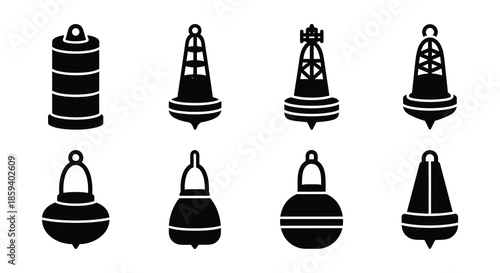 Collection of black and white nautical buoy icons in various shapes