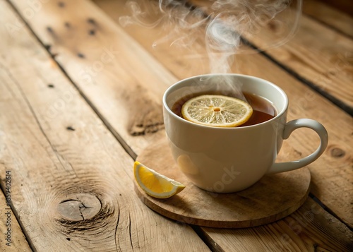 Steaming Tea Cup With Lemon Rustic Wooden Cottage Style