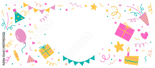 Cute crayon style colorful party frame with gifts, balloons and confetti, isolated. Festive hand drawn doodle border with empty space for text or message. Fun birthday illustration for kids.