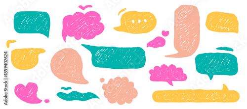 Speech bubble set with pastel texture, hand drawn text frames. Cute crayon doodle comic balloons for dialogue and conversation design. Abstract graphic illustration for labels, stickers, message.