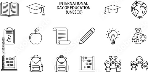 International Day of Education Icons: Graduation Cap, Globe, Apple, Lightbulb, Backpacks, Kids  More