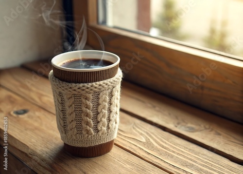 Warm Cup With Knitted Sleeve On Wooden Table Cozy Winter