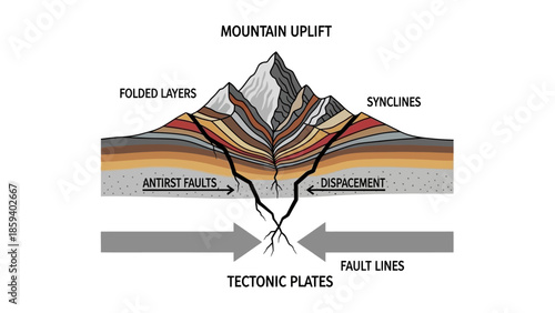 Illustration of geological deposits and mountain uplift with tectonic plates and fault lines.