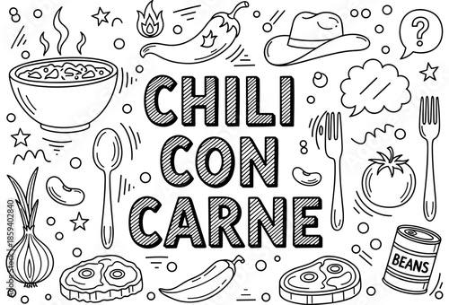 Chili con carne illustration with ingredients and utensils in black and white doodle style