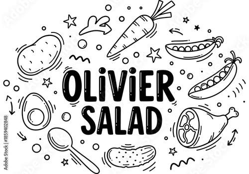 Olivier salad ingredients: carrot, peas, potato, egg, ham, cucumber illustration