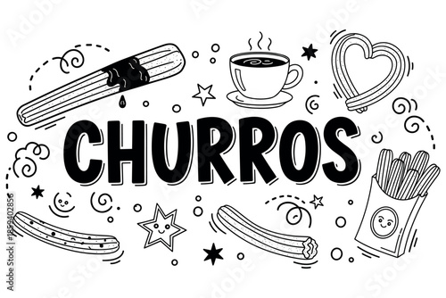 Churros and coffee design featuring heart and smiling star accents