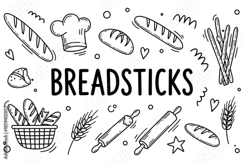 Hand-drawn breadsticks and bakery elements in black and white doodle style