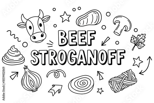 Beef stroganoff ingredients: doodles of meat, mushrooms, and seasonings