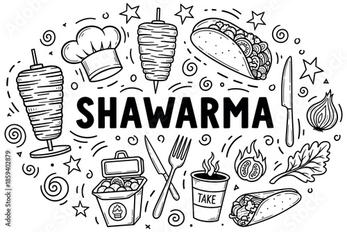 Shawarma doodle art with food elements and takeout icons