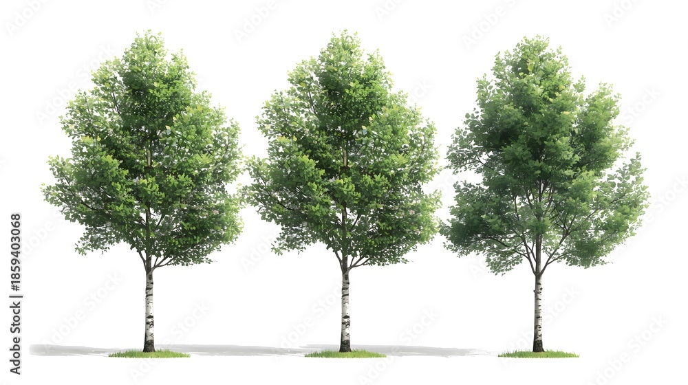 Obraz premium Single big green oak tree with lush spring foliage and branches isolated on a white background representing nature growth and life in a forest environment