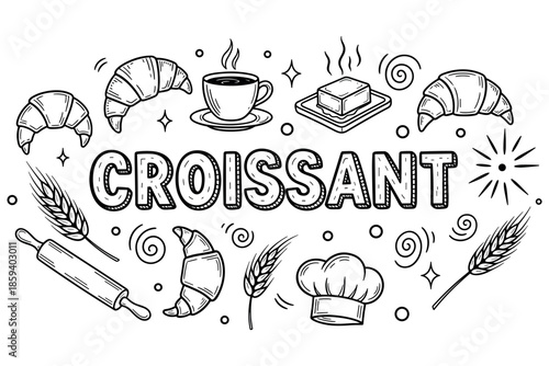 Hand-drawn croissant and baking themed elements