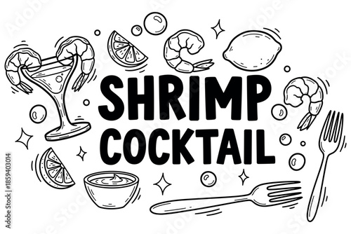 Shrimp cocktail with lemons and sauce - black and white line art design
