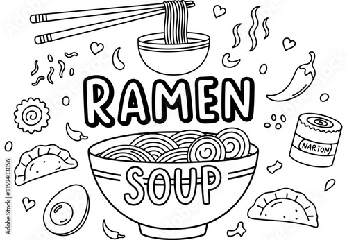 Black and white ramen soup doodles with bowl and chopsticks