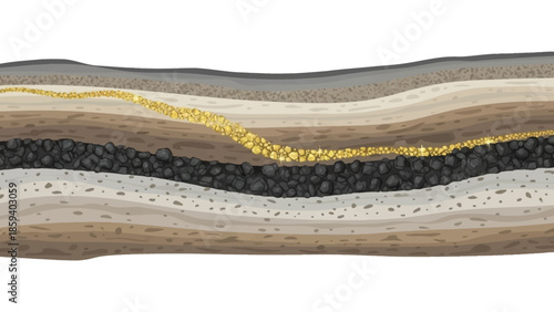 Close-up of layered geological deposits with gold ore in a rocky formation