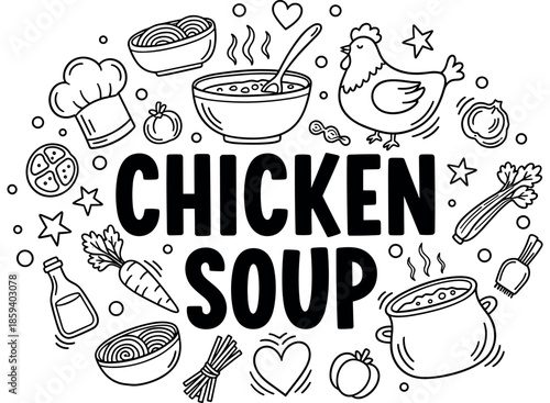 Chicken soup illustration with ingredients and cooking icons