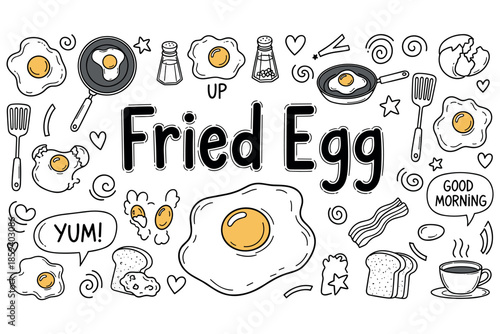 Creative fried egg art with breakfast items and utensils