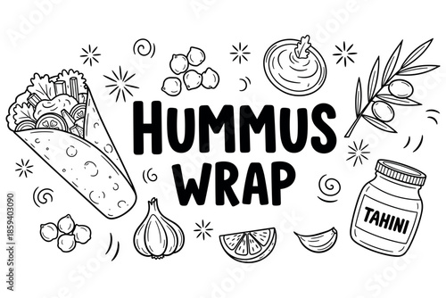 Illustration of a hummus wrap with tahini and garlic elements