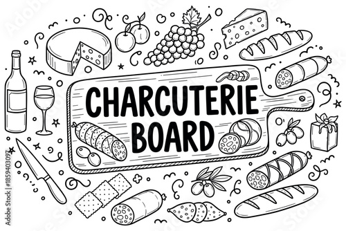 Charcuterie board illustration with cheese, bread, wine, grapes, and olives
