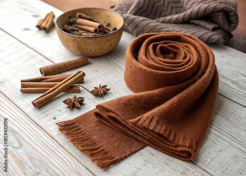 Wool Scarf Rolled With Dried Cinnamon Warm Seasonal Styling