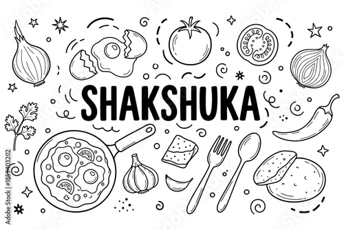 Shakshuka: sketched ingredients and cooking utensils for traditional middle eastern dish