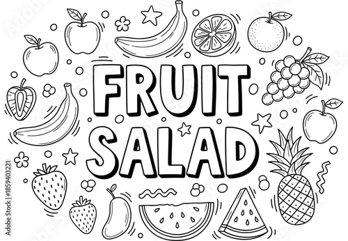 Printable fruit salad coloring page for kids with various fruits