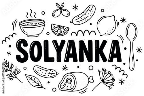 Solyanka ingredients: illustrated russian soup elements
