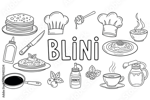 Blini preparation with ingredients and utensils in black and white line art
