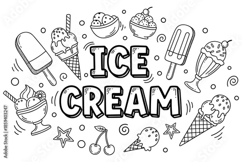 Black and white ice cream doodle art with cones and popsicles