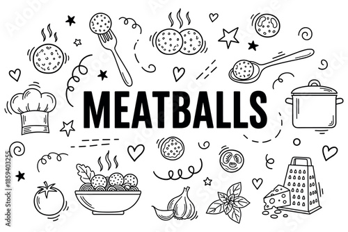 Meatballs doodle art with kitchen utensils and ingredients