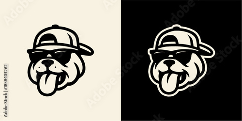 Cool Bulldog Wearing Sunglasses and Baseball Cap with Tongue Out.