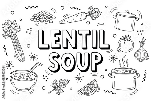 Black and white lentil soup ingredients with vegetables and cooking utensils