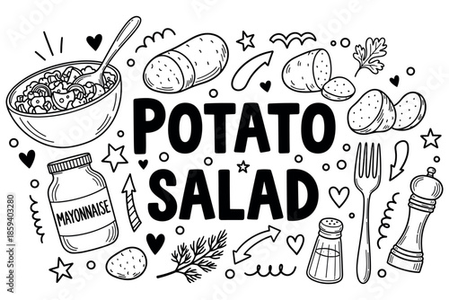 Potato salad ingredients: bowl, potatoes, mayonnaise, herbs, and utensils in black and white illustration