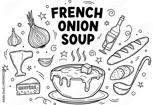 French onion soup ingredients illustrated with cheese and baguette