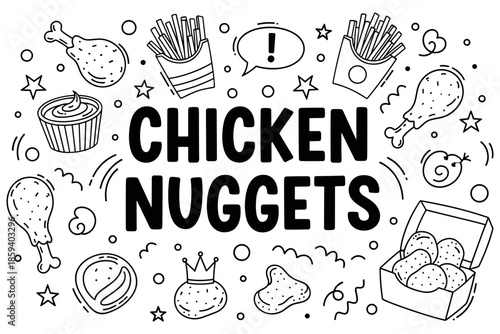 Chicken nuggets and fast food doodles with snacks and stars