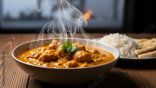 Steaming curry with rice and bread