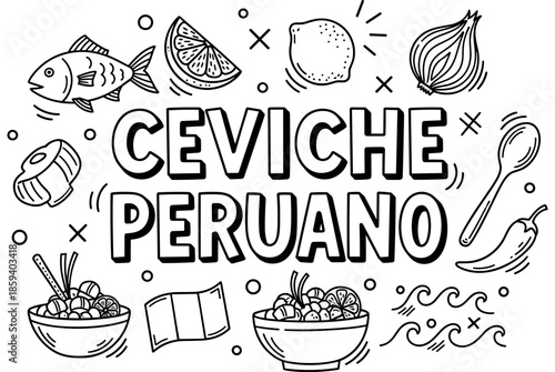 Black and white illustration of peruvian ceviche with fish and ingredients